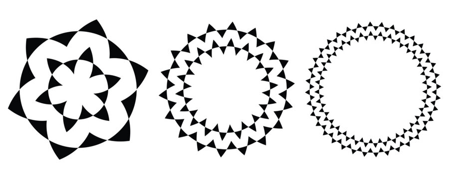 Three black and white geometric designs with triangular patterns