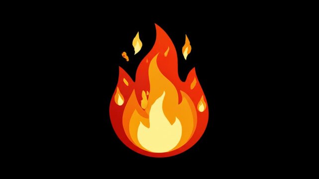 A vibrant, stylized 2D fire flame with yellow and orange gradients flickering against a black background. Ideal for gaming assets, warning signals, or high-energy motion graphics.