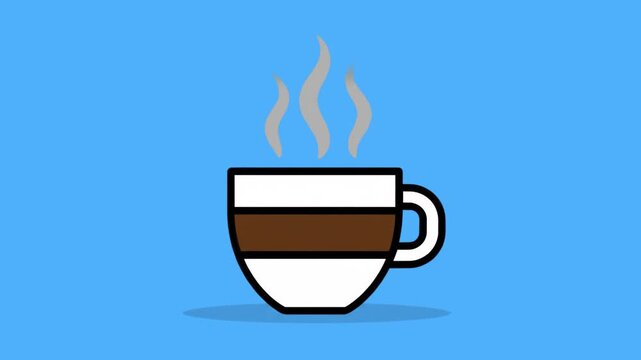 A 2D flat design illustration of a hot coffee cup with steam trails set against a solid blue backdrop. Suitable for social media posts, morning routine visuals, or office-themed graphics.