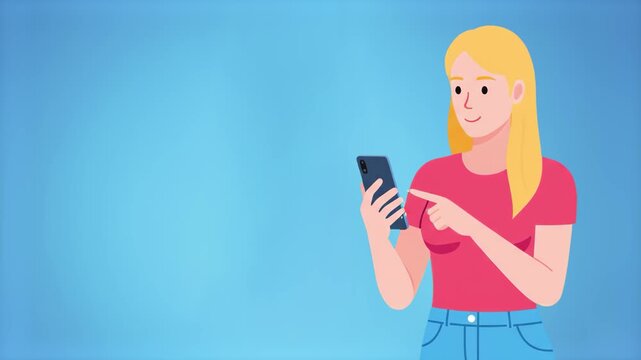 A stylized two-dimensional animation of a blonde woman in a pink shirt holding a smartphone and pointing at its screen. Set against a clean light blue backdrop, this flat design graphic is ideal for m