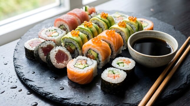 Gourmet sushi platter with assorted maki and nigiri rolls, fresh japanese seafood set on black slate, premium salmon and tuna sushi rolls with soy sauce