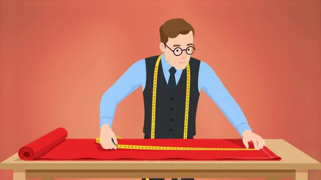 A 2D vector animation of a male tailor wearing glasses and a vest, using a measuring tape over red fabric. Great for fashion design, custom tailoring, craftsmanship, and garment manufacturing topics.