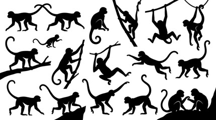 Multiple monkey silhouettes in side profile, solid black shapes. © Dini
