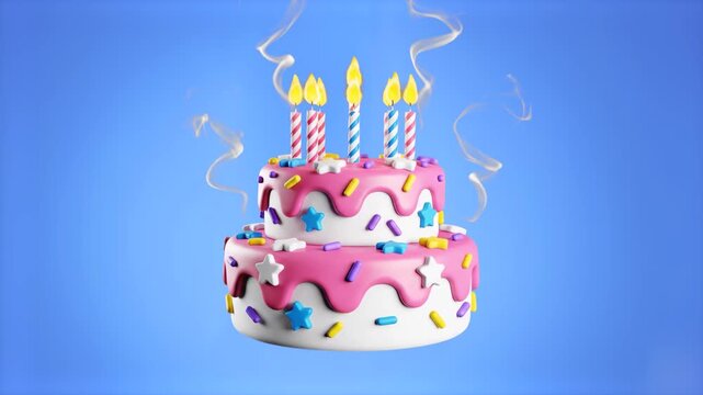 A celebratory 3D animation of a two-tier white and pink birthday cake decorated with stars, sprinkles, and four lit candles. The cake performs a cheerful dancing and swaying motion against a blue back