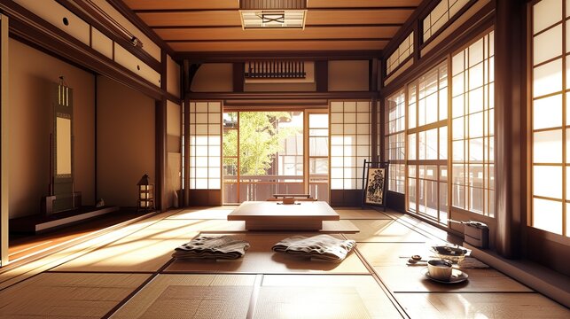 Tranquil Traditional Japanese Tatami Room with Sunlit Sliding Shoji Doors and Garden View