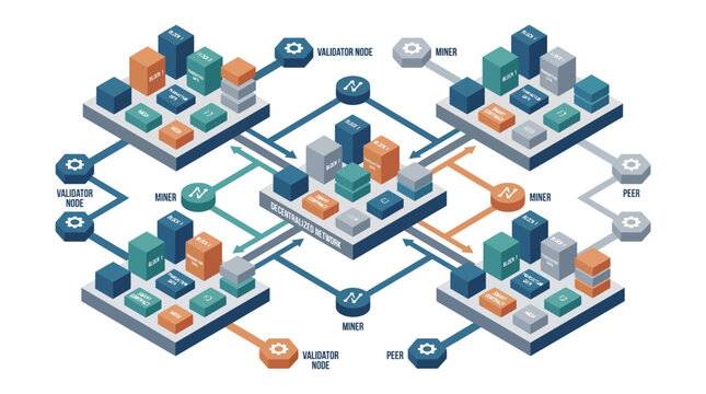 Isometric Blockchain Network Diagram with Connected Data Blocks.