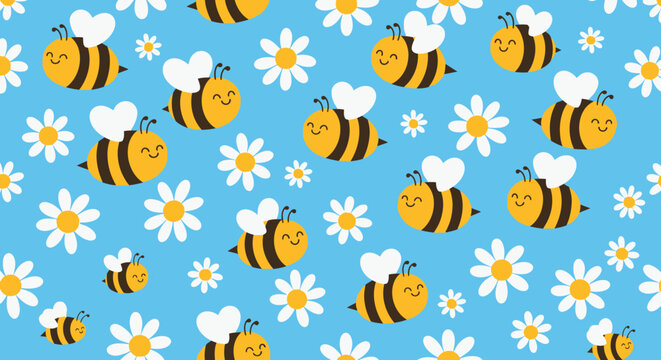 Smiling bees fly around white daisies on blue background