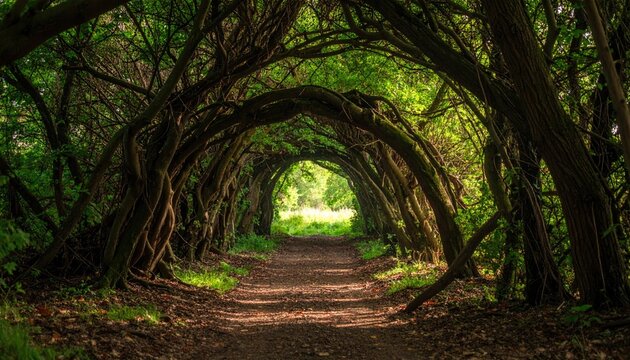 Shady path under intertwined tree branches, bright light ahead