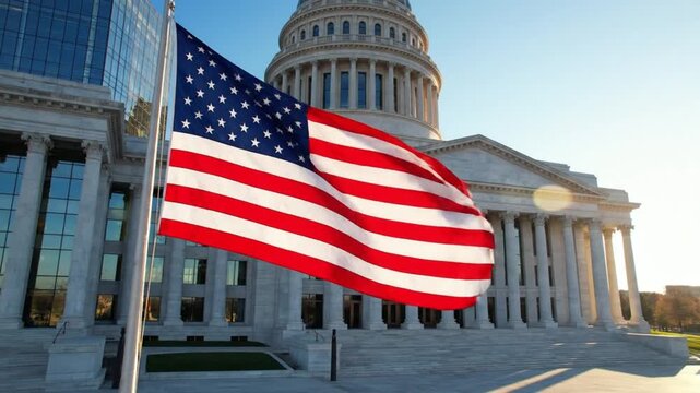 American Flag Waving in Front of Government Capitol Building