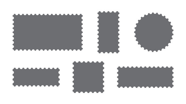Grey retro postage stamp edge label and silhouette collection template. perforated stamp frames and scalloped various geometric shapes on white background. vector illustration.