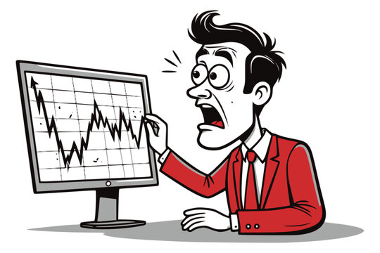 Shocked trader at fluctuating graph SVG, stock volatility vector clipart for finance blogs and apps