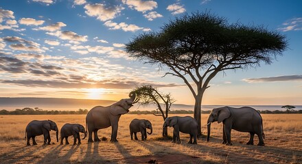 Fototapeta premium A family of African elephants grazing under a majestic acacia tree in the golden savanna