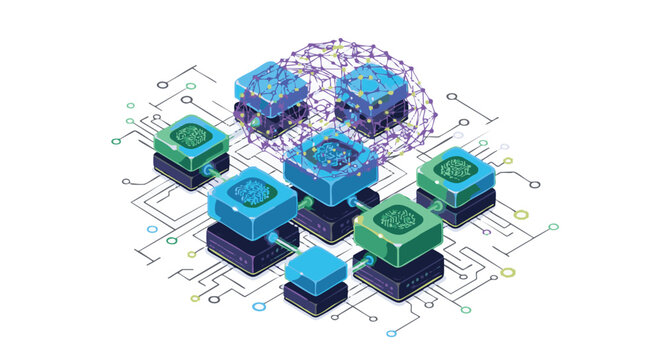 Circuit, technology, electronic components, blue and green cubes, schematic background