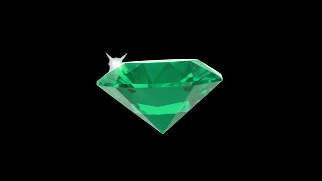 A detailed 3D graphic animation of a brilliant-cut green emerald gem rotating in mid-air against a solid black background. Ideal for luxury brand marketing, jewelry store advertisements, and video gam