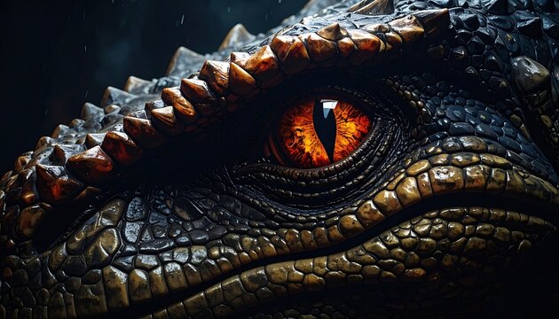 Close-up of a reptile's eye with fiery orange iris. Textured scales cover the head, with a menacing, focused gaze. Raindrops appear
