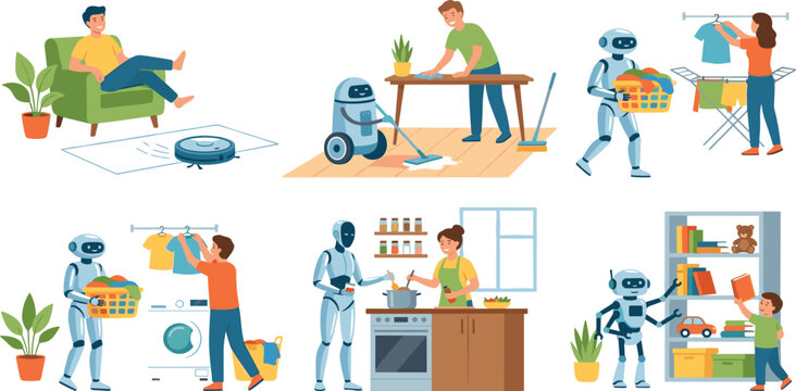 Domestic robots helping people with household chores cooking laundry cleaning and home organization set