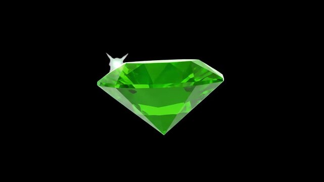 A detailed 3D graphic animation of a brilliant-cut green emerald gem rotating in mid-air against a solid black background. Ideal for luxury brand marketing, jewelry store advertisements, and video gam