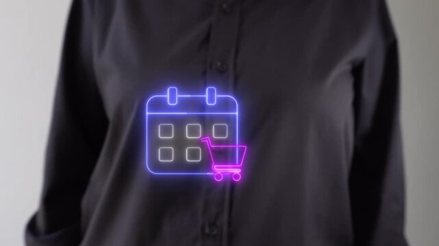 Shopping cart. Businessperson pointing towards a virtual calendar icon with a shopping cart.