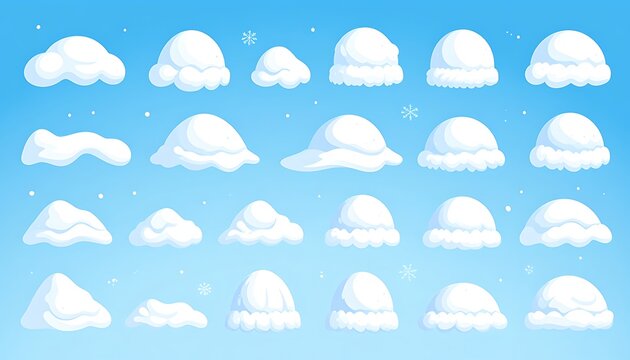 A collection of cartoon snow clouds on a blue background