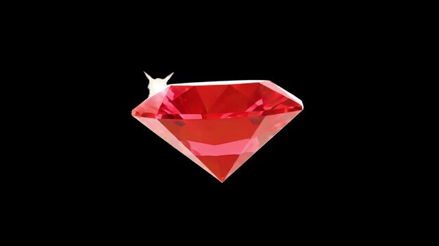 A brilliant, multi-faceted red ruby gemstone rotates seamlessly while casting bright glints against a solid black backdrop. This high-contrast luxury asset is perfect for elegant jewelry showcases, pr