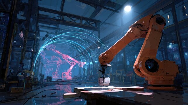 Robotic arm in a futuristic factory projecting holographic schematics