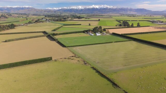 Aerial of Canterbury Plains Farmland and Southern Alps