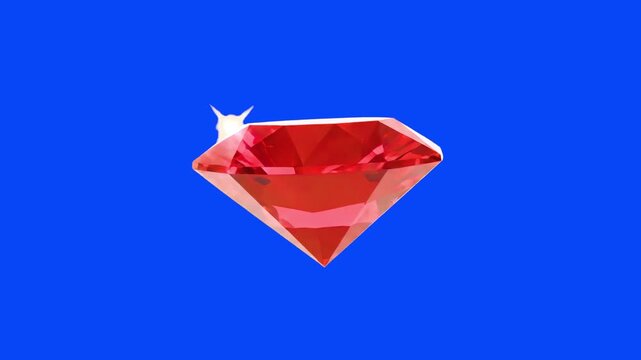 A large, multi-faceted red diamond or ruby gemstone spins slowly and sparkles against a solid blue chroma key background. This isolated 3D asset is designed for jewelry advertisements, gaming currency