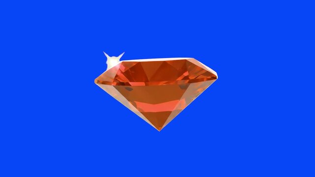 A vibrant 3D faceted orange gemstone or topaz diamond featuring a brilliant sparkle effect. Isolated on a blue chroma key background, perfect for video compositing and digital content creation.