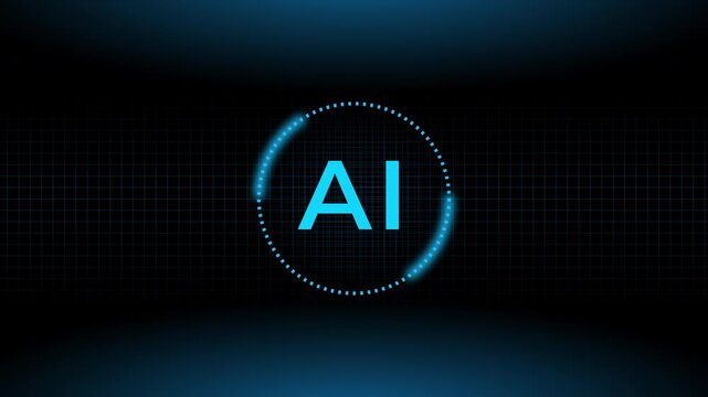 Glowing neon AI circle HUD animation loop on dark background. Cyan rotating dashed ring futuristic technology motion graphic for social media 