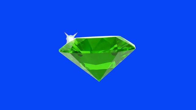 A bright green emerald gemstone spinning against a blue background. Its sharp facets and brilliant shine make it an excellent choice for animations related to precious stones, fantasy treasure, or pre