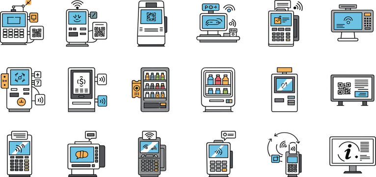 Self Service Kiosk and POS Terminal Icon Set Featuring Payment Machines Ticket Vending QR Code Scanner ATM and Interactive Digital Devices for Retail Technology Design