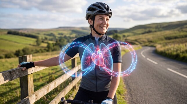 Young woman cyclist with digital heart and lungs overlay on rural road