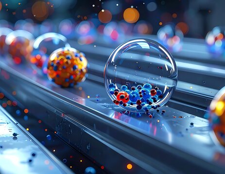Close-up of clear spheres on a metallic conveyor, holding colorful subatomic particles. Background bokeh enhances depth and vibrancy