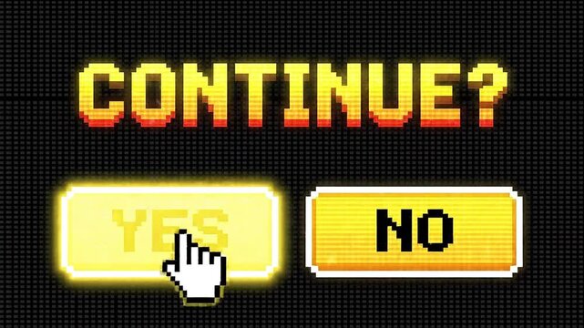 Pixel art style continue screen with yes and no buttons
