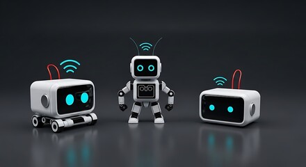 Naklejka premium Three robots with glowing blue eyes.