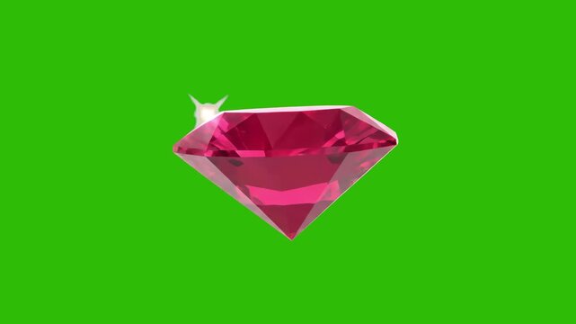 A high-quality 3D render of a sparkling red ruby gemstone rotating against a green screen. This luxurious asset is perfect for jewelry design, gaming, or high-end visual effects.