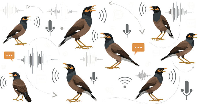 Myna bird voice communication vector set with sound waves microphones and speech bubbles for audio and social interaction design