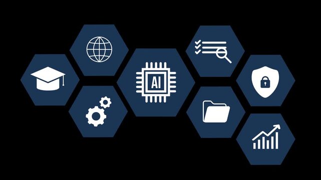 Animation of the concept of artificial intelligence learning and training, with icons of AI chip, gears, graduation cap, folder, data analysis, graphs, shield and internet