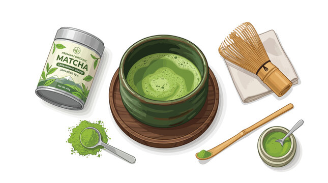 Green Matcha Bowl Vector - Japanese Chawan Tea Cup with Matcha Tin Can Clipart