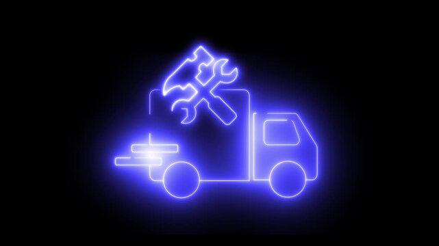 Neon light effect animation of a truck icon with tools. The vehicle's design suggests repair or service.