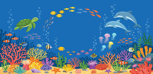 Underwater background with copy space featuring sea turtle dolphins colorful coral reef and fish © MDRIFAT