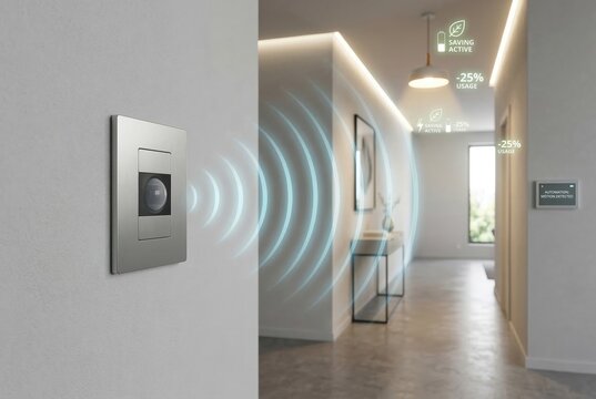 Silver motion sensor wall switch emitting conceptual detection waves in modern home