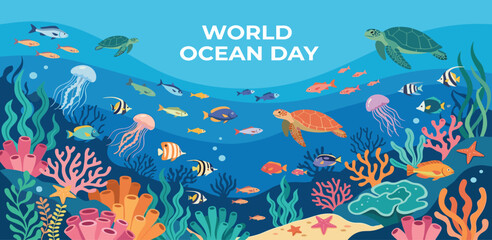 World ocean day banner with sea turtles jellyfish colorful coral reefs and diverse marine life © MDRIFAT