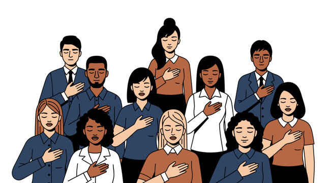 Diverse Group of People with Hands on Hearts Showing Loyalty and Respect Flat Vector Illustration
