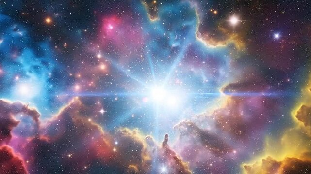 Cosmic nebula clouds with glowing stellar nuclei and nebulous gas emissions star galaxy light