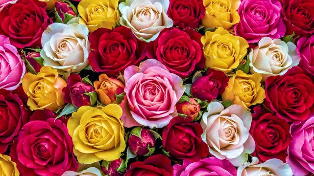 A close-up, high-quality image of a dense bouquet featuring a mix of colorful roses including red, yellow, pink, and white. This versatile floral background is excellent for greeting cards, wedding in