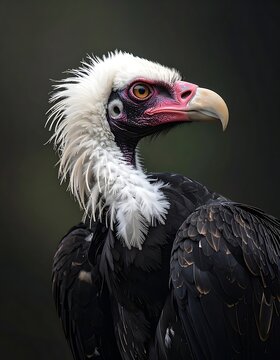 Close-up of a large bird with distinctive white feathers around its neck. The face is a contrast of red and black, with a hooked beak