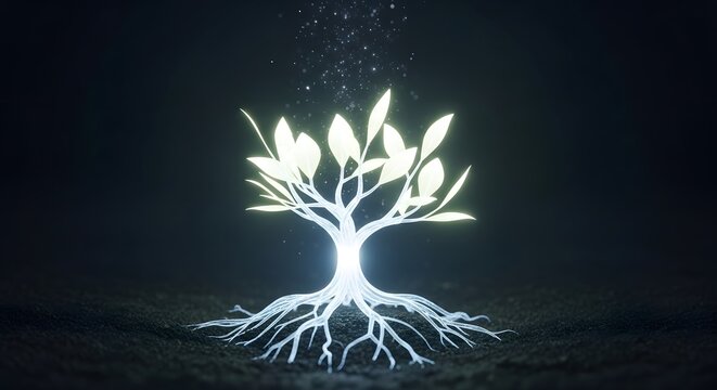 Luminous glowing tree with intricate root system radiating light against a dark mysterious background symbolizing growth life and renewal with ethereal particles floating upwards