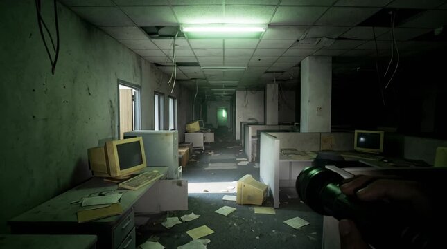 Abandoned office interior with flickering lights, eerie dark hallway in derelict building, creepy empty workspace with old computers and flashlight point of view