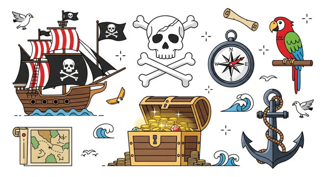 Collection of pirate themed illustrations including ship treasure chest and skull.